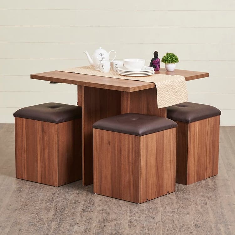 Brown Dining Table And 4 Stool With Storage And Cushion