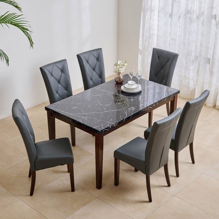 Solid Wood 6-Seater Dining Set with Chairs - Brown