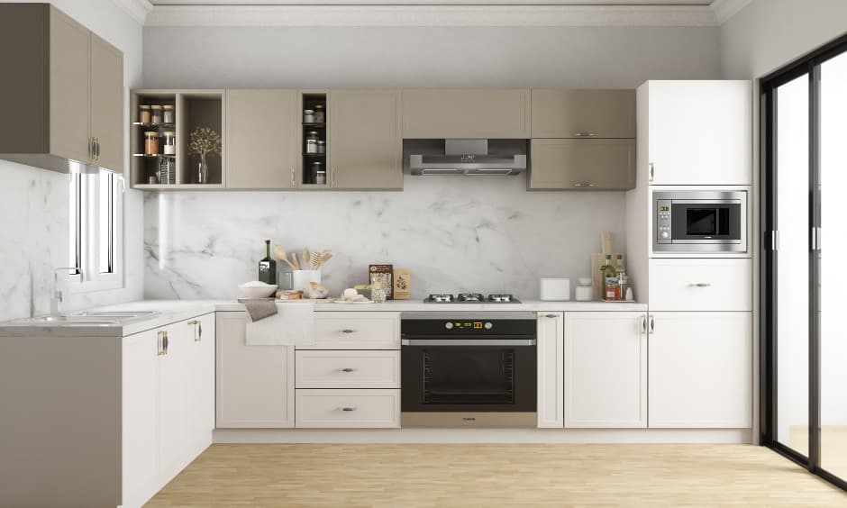 A L-Shaped Kitchen Design With Magnificent Marble And Wood